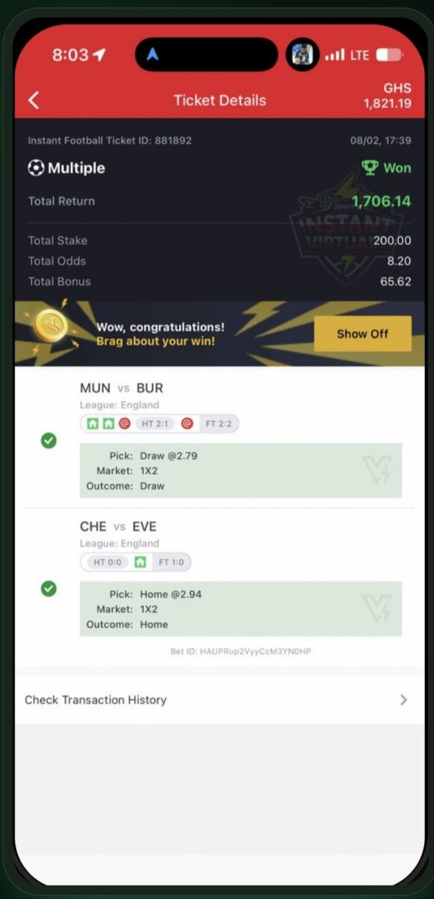 Won instant football ticket showing GHS 1,821.19 return from AI predictions